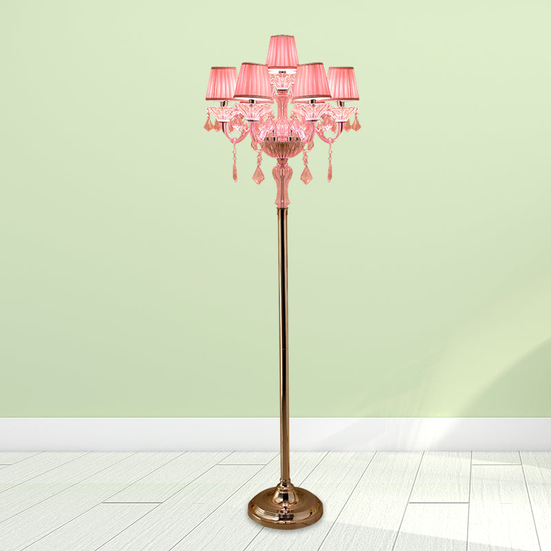 Crystal Pink Floor Reading Lamp Candlestick 5/6/7-Head Traditional Standing Light with Pleated Lampshade Clearhalo 'Floor Lamps' 'Lamps' Lighting' 1504532