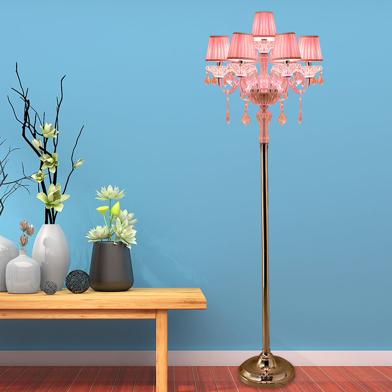 Crystal Pink Floor Reading Lamp Candlestick 5/6/7-Head Traditional Standing Light with Pleated Lampshade Clearhalo 'Floor Lamps' 'Lamps' Lighting' 1504533