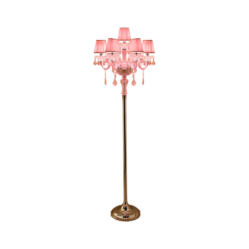 Crystal Pink Floor Reading Lamp Candlestick 5/6/7-Head Traditional Standing Light with Pleated Lampshade Clearhalo 'Floor Lamps' 'Lamps' Lighting' 1504534