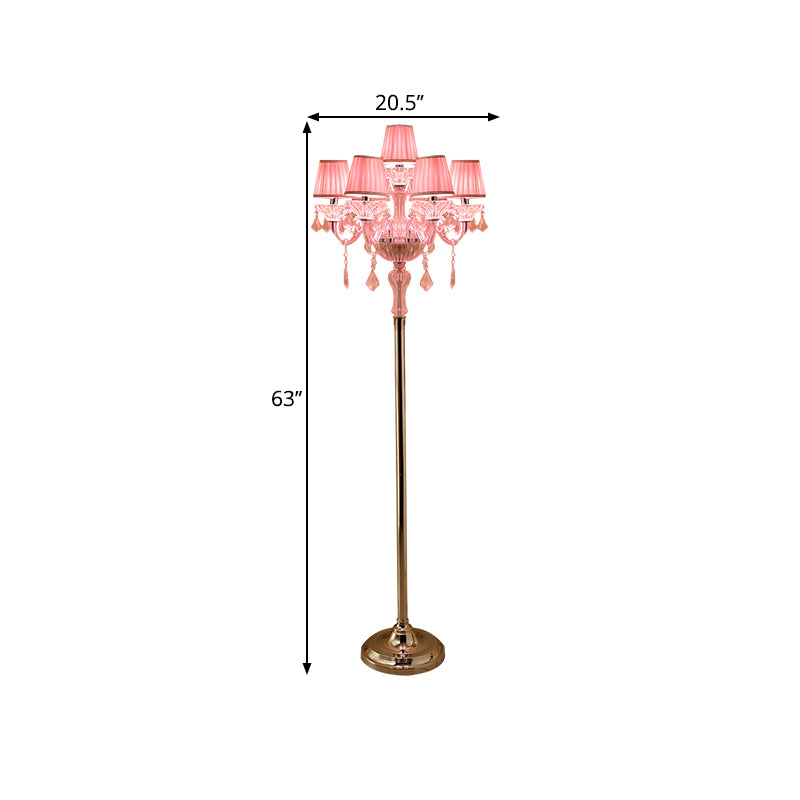 Crystal Pink Floor Reading Lamp Candlestick 5/6/7-Head Traditional Standing Light with Pleated Lampshade Clearhalo 'Floor Lamps' 'Lamps' Lighting' 1504535
