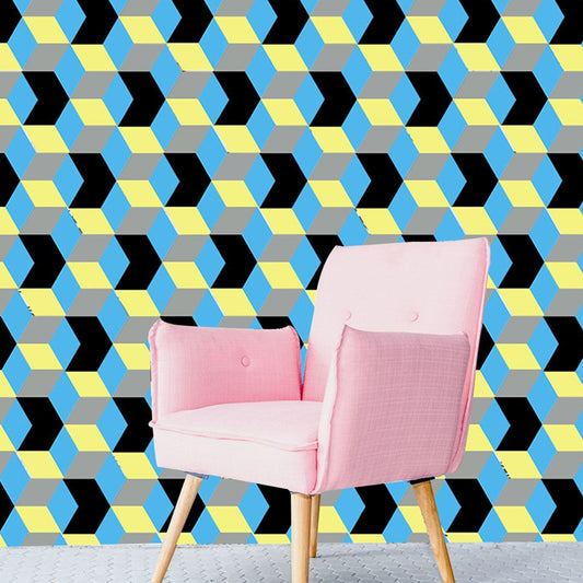 Faux 3D Cube Geometric Wallpapers Contemporary PVC Adhesive Wall Art in Yellow-Blue Clearhalo 'Wall Decor' 'Wallpaper' 1504862