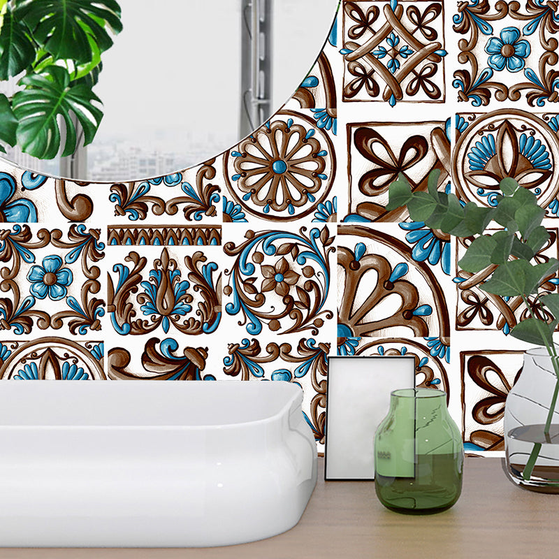 Boho Moroccan Tiles Wallpapers for Washroom 9.7-sq ft Adhesive Wall Art in Dark Color, 10 Pieces Coffee Clearhalo 'Wall Decor' 'Wallpaper' 1504886