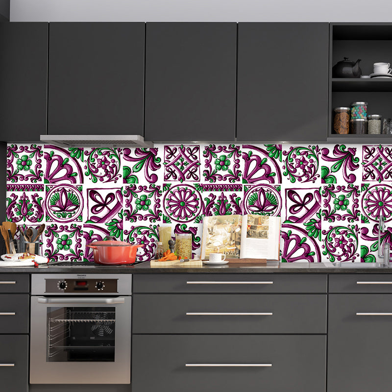 Boho Moroccan Tiles Wallpapers for Washroom 9.7-sq ft Adhesive Wall Art in Dark Color, 10 Pieces Purple Clearhalo 'Wall Decor' 'Wallpaper' 1504891