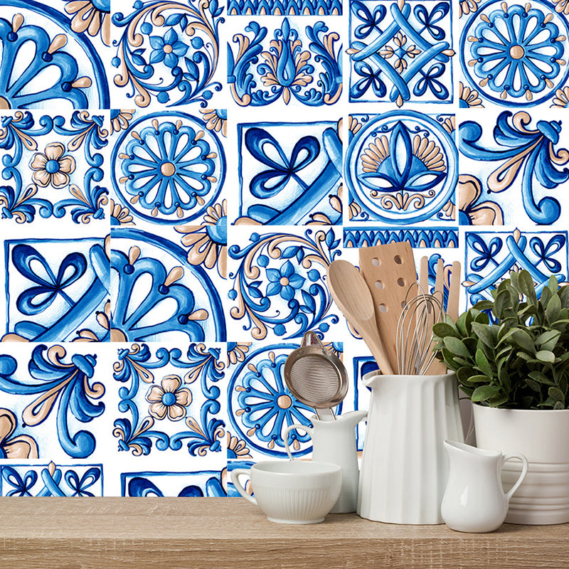 Boho Moroccan Tiles Wallpapers for Washroom 9.7-sq ft Adhesive Wall Art in Dark Color, 10 Pieces Blue Clearhalo 'Wall Decor' 'Wallpaper' 1504895