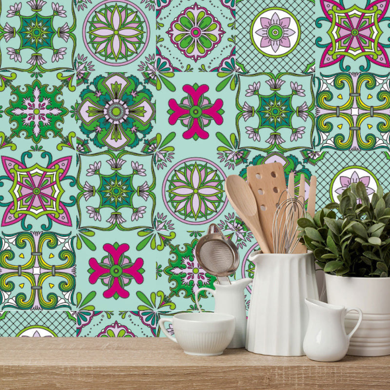 PVC Temporary Wallpaper Panel Boho Mandala Patterned Wall Art for Living Room, 10 Pieces Green Clearhalo 'Wall Decor' 'Wallpaper' 1504910