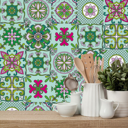 PVC Temporary Wallpaper Panel Boho Mandala Patterned Wall Art for Living Room, 10 Pieces Green Clearhalo 'Wall Decor' 'Wallpaper' 1504910