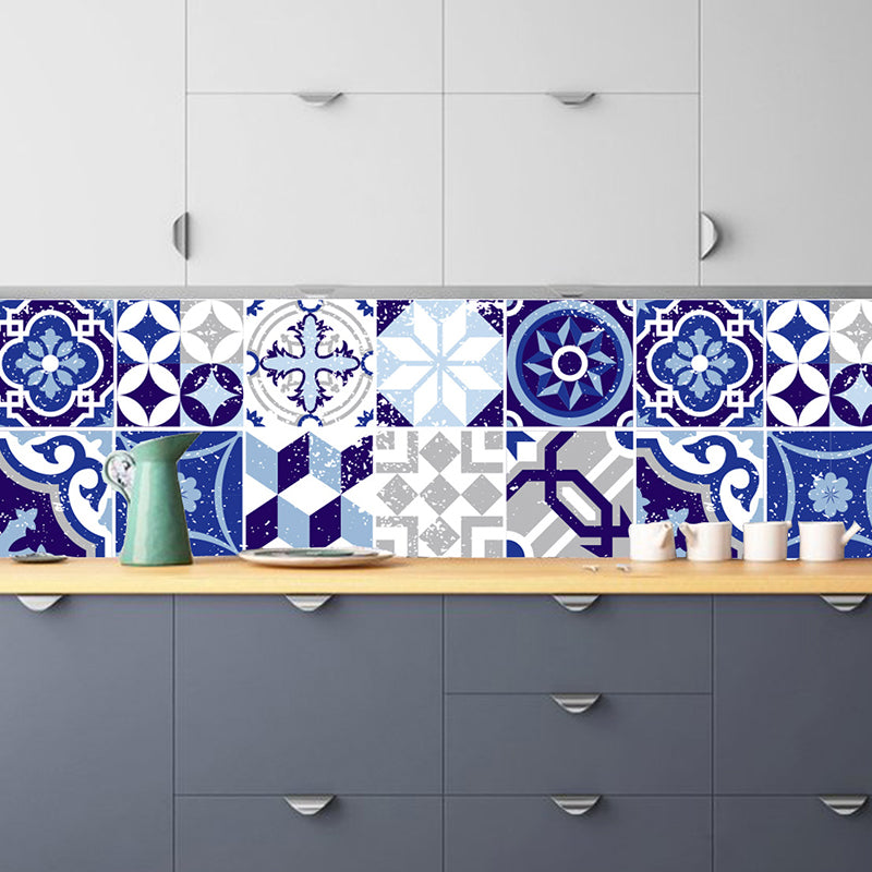 Mediterranean Geometric Tiles Wallpapers for Kitchen 10 Pieces 8' x 8" Wall Decor in Blue, Stick On Blue Clearhalo 'Wall Decor' 'Wallpaper' 1504988