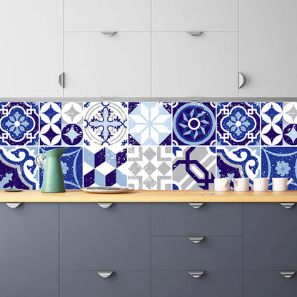 Mediterranean Geometric Tiles Wallpapers for Kitchen 10 Pieces 8' x 8" Wall Decor in Blue, Stick On Blue Clearhalo 'Wall Decor' 'Wallpaper' 1504988