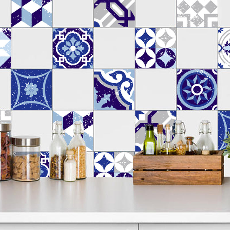 Mediterranean Geometric Tiles Wallpapers for Kitchen 10 Pieces 8' x 8" Wall Decor in Blue, Stick On Clearhalo 'Wall Decor' 'Wallpaper' 1504990