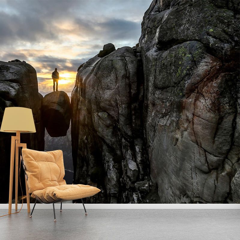 Man Between Mountain Gaps Mural Brown Modern Wall Art for Living Room, Made to Measure Brown Clearhalo 'Wall Decor' 'Wall Mural' 1505098