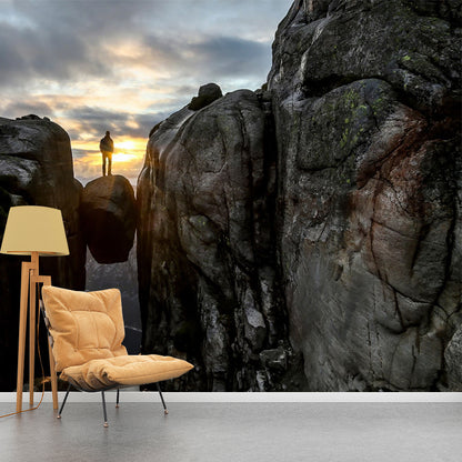 Man Between Mountain Gaps Mural Brown Modern Wall Art for Living Room, Made to Measure Brown Clearhalo 'Wall Decor' 'Wall Mural' 1505098