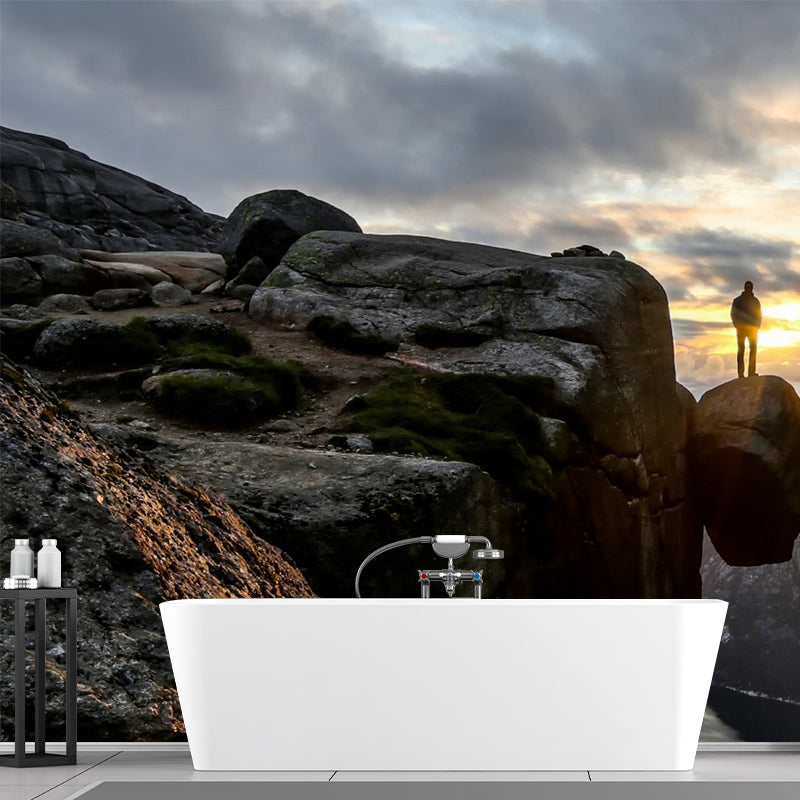 Man Between Mountain Gaps Mural Brown Modern Wall Art for Living Room, Made to Measure Clearhalo 'Wall Decor' 'Wall Mural' 1505099