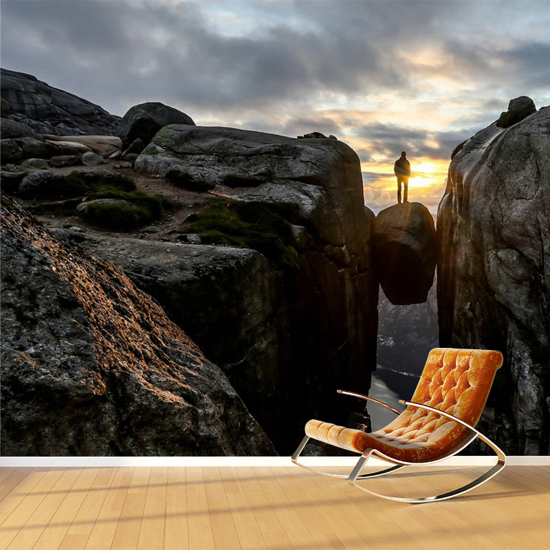 Man Between Mountain Gaps Mural Brown Modern Wall Art for Living Room, Made to Measure Clearhalo 'Wall Decor' 'Wall Mural' 1505100