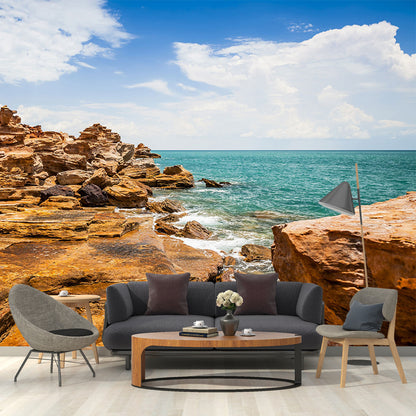 Modern Sunny Rock Seashore Mural for Accent Wall Custom Wall Decoration in Brown Brown Clearhalo 'Wall Decor' 'Wall Mural' 1505113