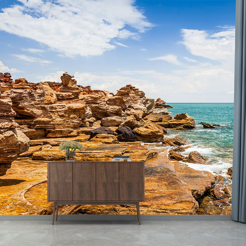 Modern Sunny Rock Seashore Mural for Accent Wall Custom Wall Decoration in Brown Clearhalo 'Wall Decor' 'Wall Mural' 1505114