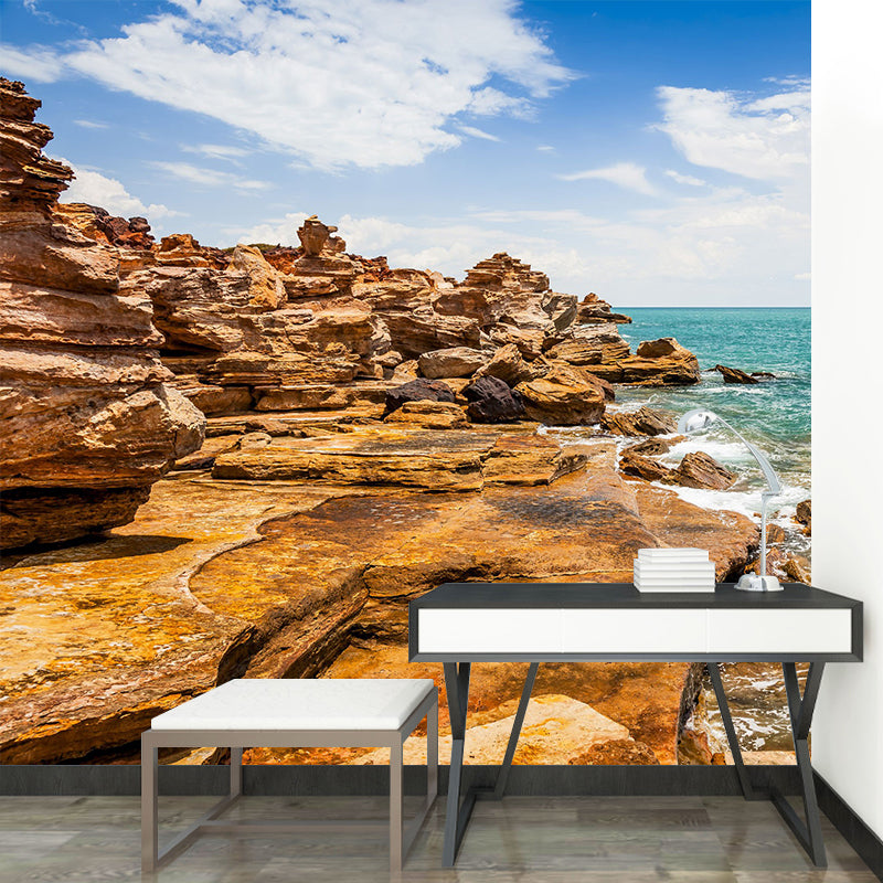 Modern Sunny Rock Seashore Mural for Accent Wall Custom Wall Decoration in Brown Clearhalo 'Wall Decor' 'Wall Mural' 1505115