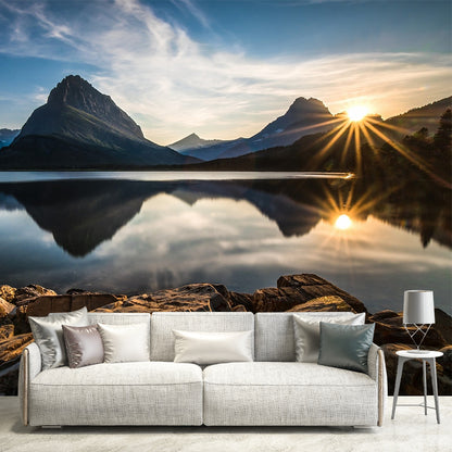Sunrise Mountain Lake Reflection Mural Brown Modernism Wall Covering for Bedroom Brown Clearhalo 'Wall Decor' 'Wall Mural' 1505123