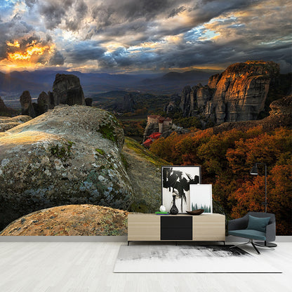 Brown Modern Wallpaper Mural Huge Sunset View from Mountain Peak Wall Covering for Bedroom Brown Clearhalo 'Wall Decor' 'Wall Mural' 1505153