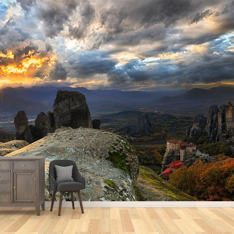 Brown Modern Wallpaper Mural Huge Sunset View from Mountain Peak Wall Covering for Bedroom Clearhalo 'Wall Decor' 'Wall Mural' 1505155