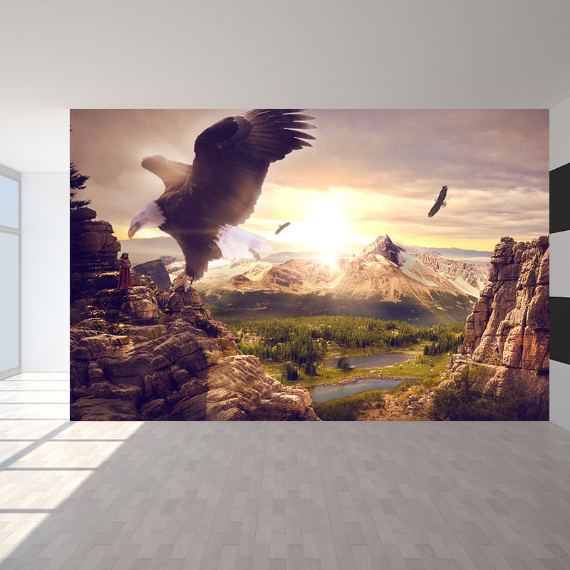 Eagles and Mountain Print Mural Modern Water-Proof Living Room Wall Decor, Custom Size Brown Clearhalo 'Wall Decor' 'Wall Mural' 1505158