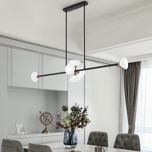 Modern 6/10-Head LED Island Pendant with White Glass Shade Black Linear Ceiling Light Fixture in Warm/White Light 6 Black