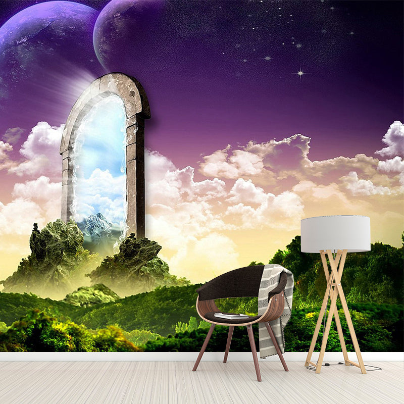 Large Nightfall Mountain Mural Modern Magic Arched Entrance to the North Wall Art in Green Green Clearhalo 'Wall Decor' 'Wall Mural' 1505178