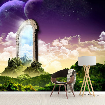 Large Nightfall Mountain Mural Modern Magic Arched Entrance to the North Wall Art in Green Green Clearhalo 'Wall Decor' 'Wall Mural' 1505178