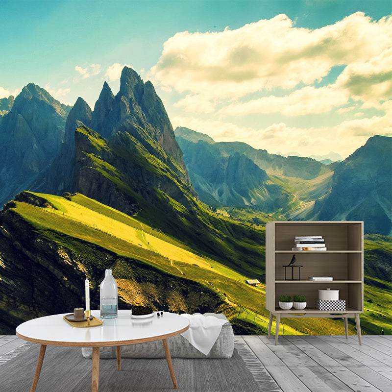 Pretty Mountain Scenery Mural Decal for Living Room, Green, Custom Size Available Green Clearhalo 'Wall Decor' 'Wall Mural' 1505183