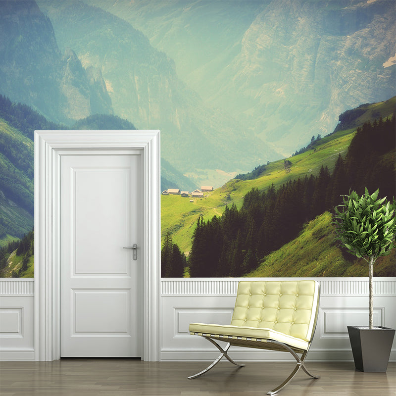 Green Village on Mountainside Mural Waterproofing Modern Living Room Wall Decoration Clearhalo 'Wall Decor' 'Wall Mural' 1505204