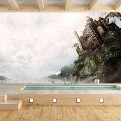 Non-Woven Huge Brown Mural Modern Cloudy Wonderland with Tilting Castle Wall Art, Custom Made Brown Clearhalo 'Wall Decor' 'Wall Mural' 1505213