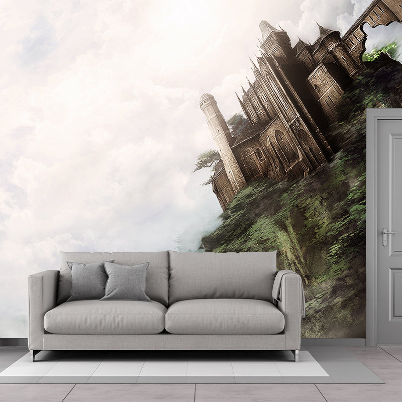 Non-Woven Huge Brown Mural Modern Cloudy Wonderland with Tilting Castle Wall Art, Custom Made Clearhalo 'Wall Decor' 'Wall Mural' 1505215