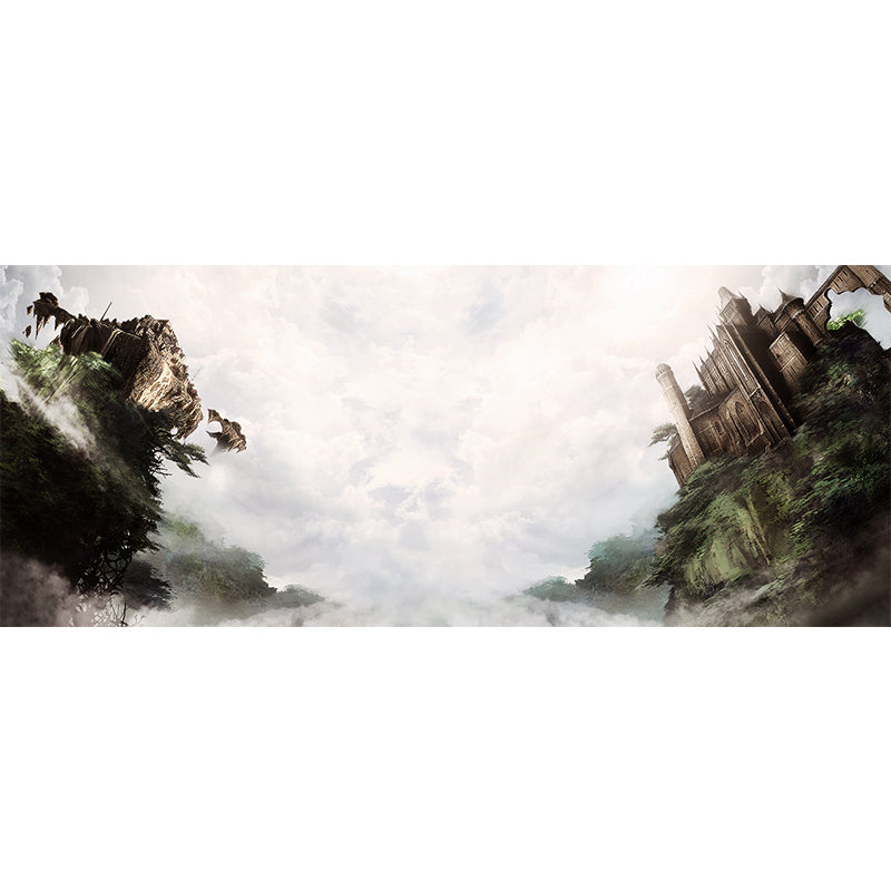 Non-Woven Huge Brown Mural Modern Cloudy Wonderland with Tilting Castle Wall Art, Custom Made Clearhalo 'Wall Decor' 'Wall Mural' 1505216