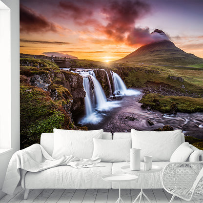 Modern Sunset Waterfall Landscape Mural Brown Living Room Wall Art, Personalized Size Brown Clearhalo 'Wall Decor' 'Wall Mural' 1505228
