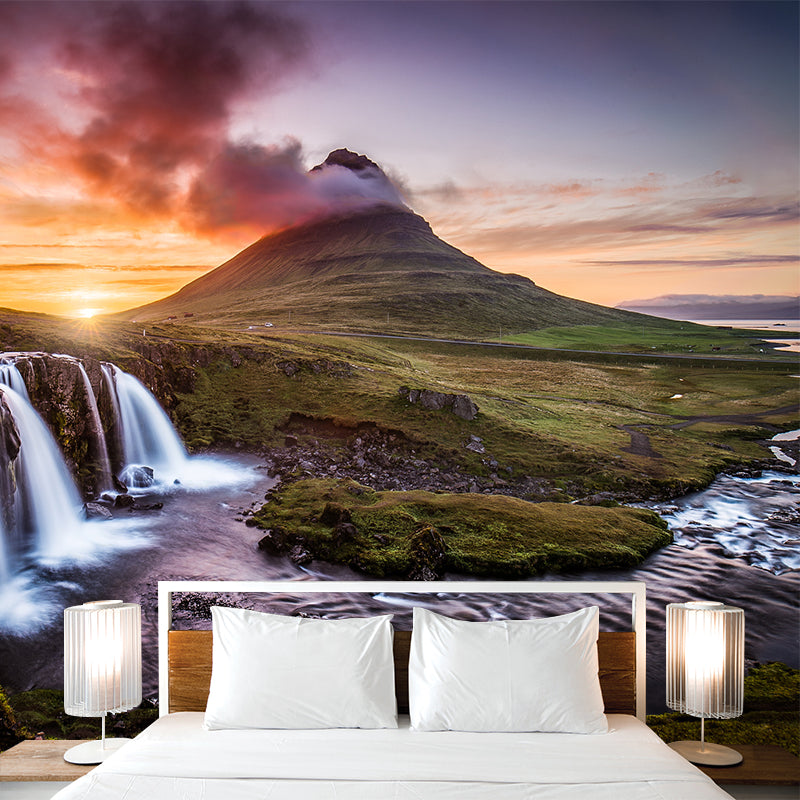 Modern Sunset Waterfall Landscape Mural Brown Living Room Wall Art, Personalized Size Clearhalo 'Wall Decor' 'Wall Mural' 1505229