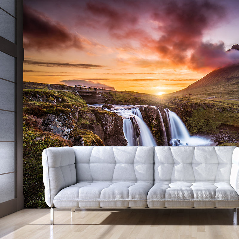 Modern Sunset Waterfall Landscape Mural Brown Living Room Wall Art, Personalized Size Clearhalo 'Wall Decor' 'Wall Mural' 1505230
