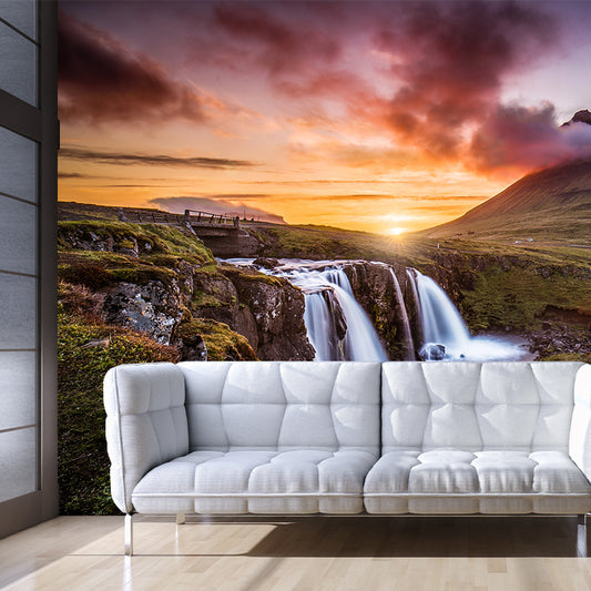 Modern Sunset Waterfall Landscape Mural Brown Living Room Wall Art, Personalized Size Clearhalo 'Wall Decor' 'Wall Mural' 1505230