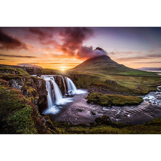Modern Sunset Waterfall Landscape Mural Brown Living Room Wall Art, Personalized Size Clearhalo 'Wall Decor' 'Wall Mural' 1505231