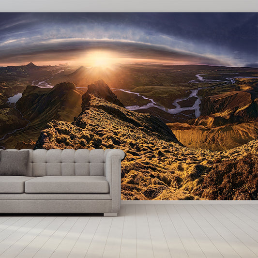 Huge Landscape Wall Mural Decal Above Bed Sunset Mountain with Meandering River Wall Decor in Brown, Washable Clearhalo 'Wall Decor' 'Wall Mural' 1505250