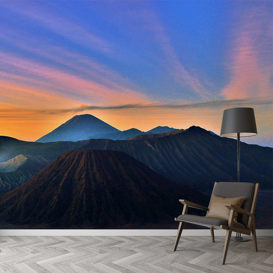 Volcano Hills with Sunlight Mural Blue Modernist Wall Art for Bedroom, Custom Made Clearhalo 'Wall Decor' 'Wall Mural' 1505289