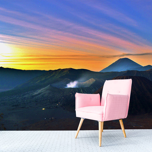 Volcano Hills with Sunlight Mural Blue Modernist Wall Art for Bedroom, Custom Made Clearhalo 'Wall Decor' 'Wall Mural' 1505290