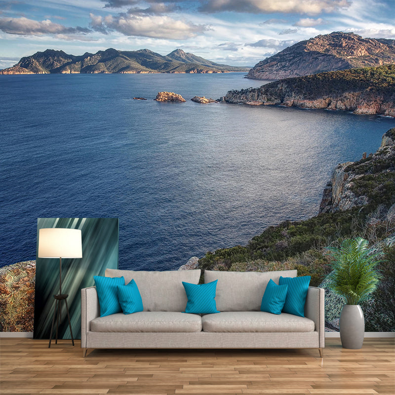 Nordic Ocean Mountains Mural Wallpaper Blue Stain-Resistant Wall Art for Living Room Blue Clearhalo 'Wall Decor' 'Wall Mural' 1505323