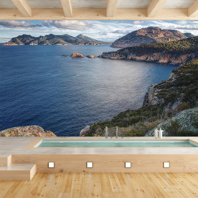 Nordic Ocean Mountains Mural Wallpaper Blue Stain-Resistant Wall Art for Living Room Clearhalo 'Wall Decor' 'Wall Mural' 1505324