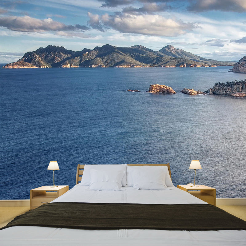 Nordic Ocean Mountains Mural Wallpaper Blue Stain-Resistant Wall Art for Living Room Clearhalo 'Wall Decor' 'Wall Mural' 1505325