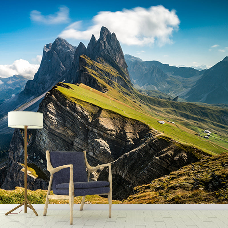 Mountains with Clouds Wall Mural Green Contemporary Wall Covering for Living Room Green Clearhalo 'Wall Decor' 'Wall Mural' 1505338