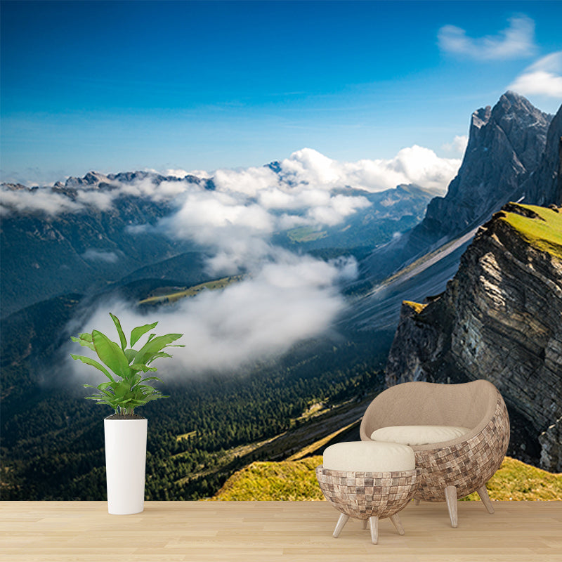 Mountains with Clouds Wall Mural Green Contemporary Wall Covering for Living Room Clearhalo 'Wall Decor' 'Wall Mural' 1505339