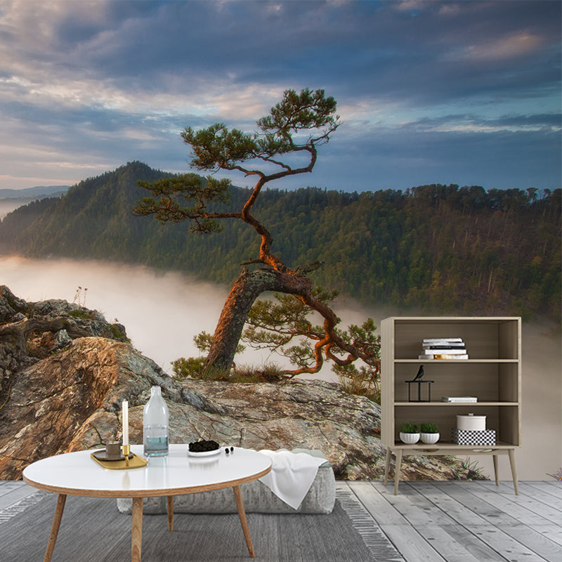 Brown Contemporary Mural Wallpaper Whole Pine Tree at Peak of Foggy Mountain Wall Art for Home Clearhalo 'Wall Decor' 'Wall Mural' 1505349