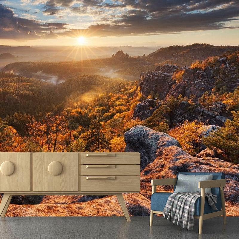 Fall Season Mountain View Mural in Brown Modern Wall Covering for Bedroom, Custom-Made Brown Clearhalo 'Wall Decor' 'Wall Mural' 1505353