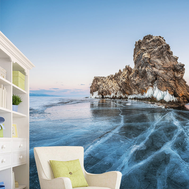 Mountain on Frozen Sea Mural Wallpaper Modern Non-Woven Material Wall Covering in Blue Blue Clearhalo 'Wall Decor' 'Wall Mural' 1505388