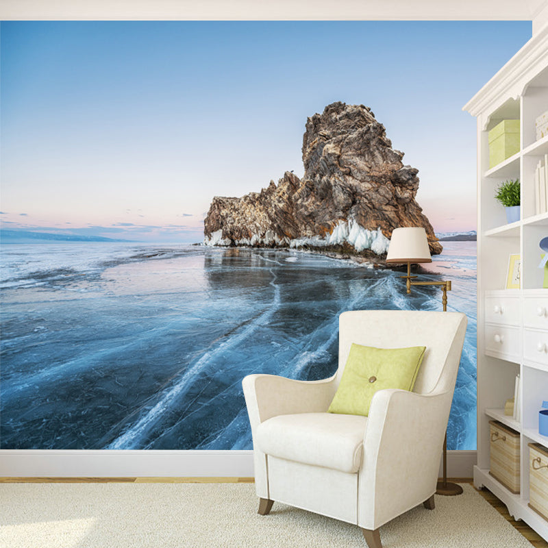 Mountain on Frozen Sea Mural Wallpaper Modern Non-Woven Material Wall Covering in Blue Clearhalo 'Wall Decor' 'Wall Mural' 1505389