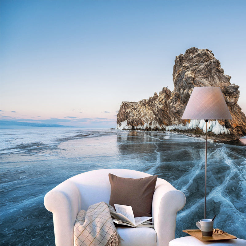 Mountain on Frozen Sea Mural Wallpaper Modern Non-Woven Material Wall Covering in Blue Clearhalo 'Wall Decor' 'Wall Mural' 1505390